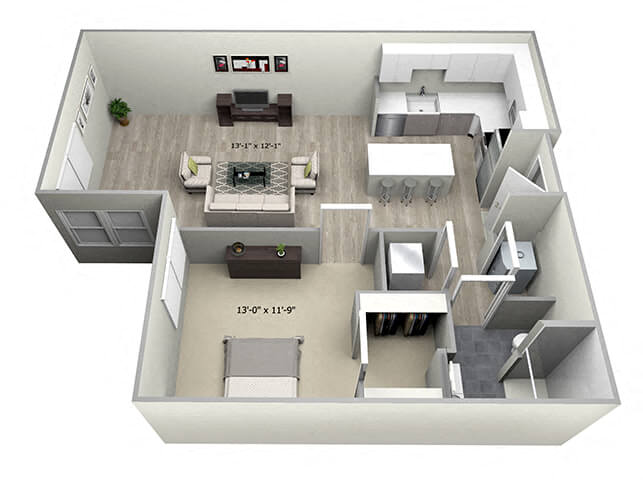 Floor plan for 1 bed, 1 bath, 795 sqft